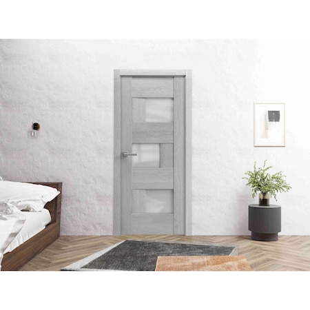 Vdomdoors Solid French Door 24 x 80in, Light Grey Oak W/ Frosted Glass, Single Regular Panel Frame Trims Handle SETE6933ID-OAK-24