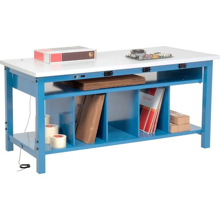 Global Industrial Packing Workbench W/Lower Shelf and Power, ESD Square Edge, 72"W x 36"D 412473B