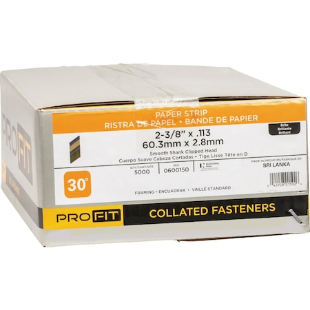 Pro-Fit 2-3/8'' x 0.113'' 30 Degree Paper Tape Smooth Shank Clipped Head Brite Framing Stick Nails, 5000 Ct. 600150