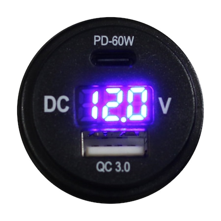 Race Sport Lighting Round Socket Auxiliary Digital Voltage Meter, Charging Port C-Type QC4.0 60W + A-Type USB3.0 36W RS51915B