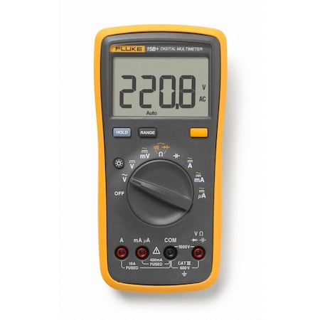 Fluke Digital Multimeter, 1,000 V Max DC, 4 V Max AC, Average, 4,000 Instrument Counts, LCD FLUKE-15B+ ESP