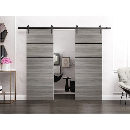 Sartodoors Sturdy Double Barn Door with Hardware, Planum 0015 Ginger Ash and Aluminum Strips, 13FT Rail Hanger PLANUM0015DB-GA-72