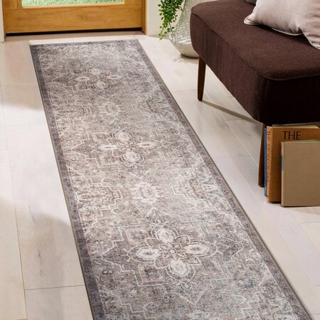 World Rug Gallery Beige Floral Medallion Washable Rug - Low Pile, Non-Slip 2 ft 6 in x 6 ft Runner WR174BEIGE26X6