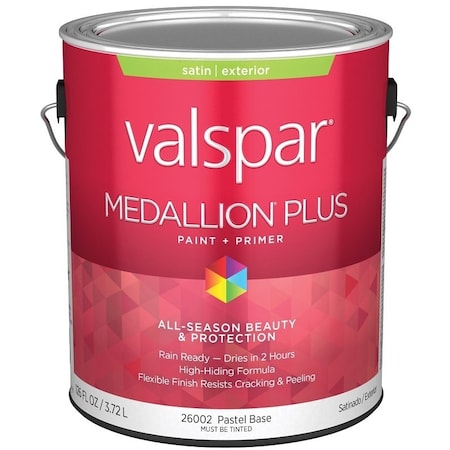 Valspar Medallion Plus 2600 Latex Paint, Acrylic Base, Satin Sheen, Pastel Base, 1 gal, Plastic Can 028.0026002.007
