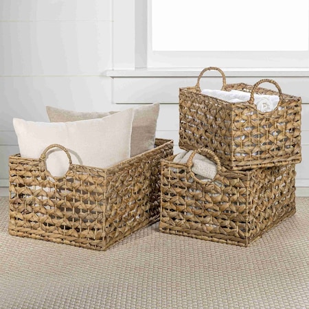 Happimess Quinn Bohemian Cottage Woven Hyacinth Rectangular Storage Baskets with Handles, Natural, 3PK BSK2010A-3SET