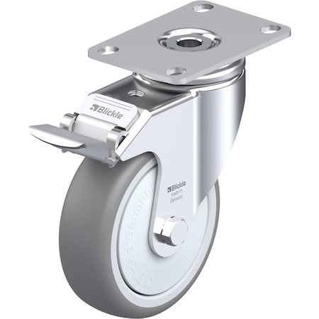 Blickle Swivel Plate Caster, TPR, 4", Brake, Caster Load Rating Range: Light-Duty LKPA-TPA 101KF-12-FI