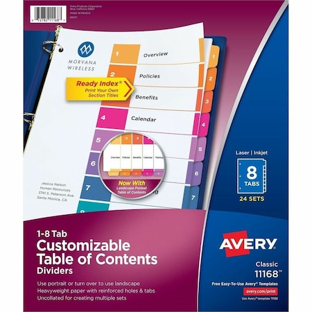 Avery Dennison Avery Uncollated Index Divider, Printed 1 to 8, 8.5"x11", 8 Tabs, 24 Sets, White/Multicolor 11168