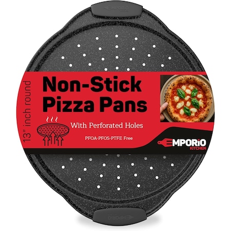 Emporio Kitchen Non-Stick Pizza Pan with Silicone Handle, 1 Pack, 13in Carbon Steel, Perforated, Gray Marble EKPIZAPSIL1GRY