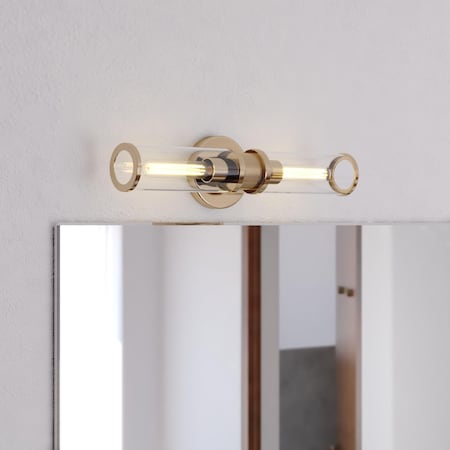 Vaxcel Levitt 2 Light Satin Brass Mid-Century Modern Industrial Bathroom Vanity Fixture Clear Glass W0390