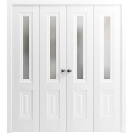 Sartodoors Sliding Closet Double Bi-fold Doors, Lucia 8822 White Silk with Frosted Glass, Sturdy Tracks Moldin LUCIA8822DBF-WS-96 x 80 (4* 24x80)