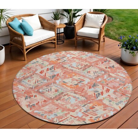 Homeroots 8' Coral And Orange Round Geometric Washable Indoor Outdoor Area Rug 609132