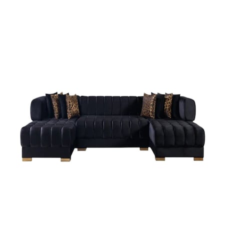 Homeroots Black Velvet U Shaped Three Piece Sofa and Chaise Sectional With Toss Pillows 643884