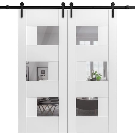 Vdomdoors Modern Double Barn Door Sete 6999 White Silk with Mirror 13FT Rail Track Set Solid Panel Interior SETE6999DB-WS-36