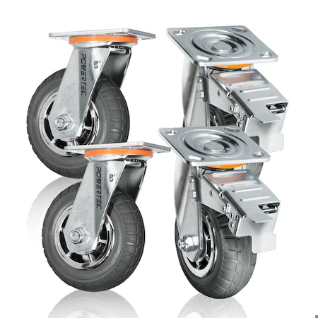 Powertec 8in Heavy Duty Caster Wheels Set, 2 w/ Brakes, Terrain Non-Pneumatic Tire, Industrial Grade 17222