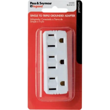 Legrand Grounding Adapter, 2-Pole, 15 A, 125 V, 3-Outlet, NEMA: NEMA 5-15R, White 697WBPCC5
