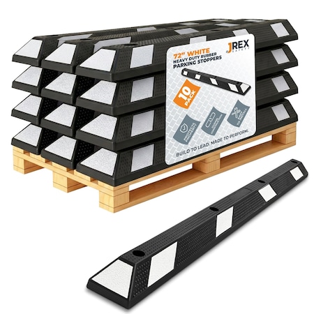 Jrex Safety 72 in Rubber Parking Block Curb Stop, White Reflective Strip, 10PK PBSW-JR-6-10PK