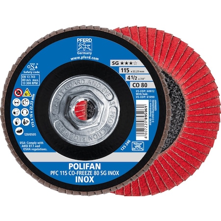 Pferd 4-1/2'' x 5/8-11 Thd. POLIFAN Flap Disc - CO-FREEZE SG INOX, Ceramic oxide, 80 Grit, Conical 61090