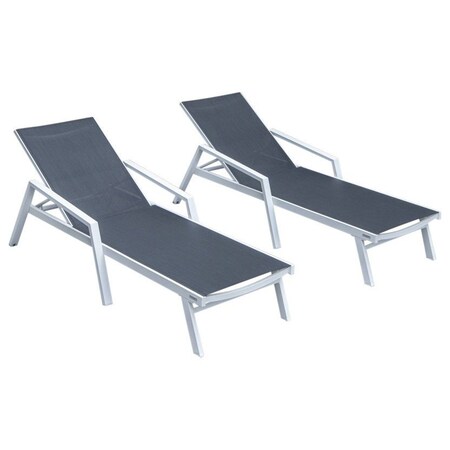Leisuremod Marlin Patio Chaise Lounge Chair with Armrests in White Aluminum Frame, Black, 2PK MLAW-77BL2