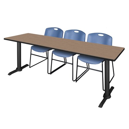 Regency Cain T-Base Training Seminar Table W/ 3 Zeng Stack Chairs, 84 in W, 24 in L, Noble Oak MTRCT8424NO44BE