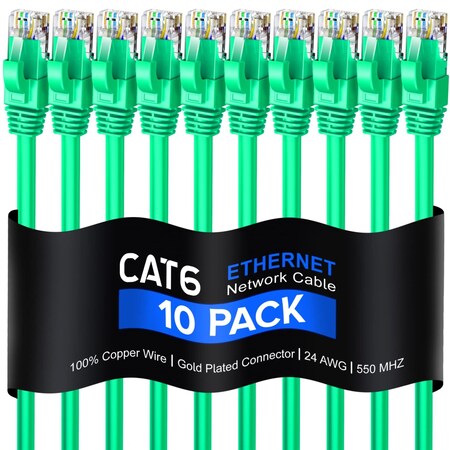 Maximm 12ft Cat6 Round LAN Patch Cable, 10PK, Green, 10PK CAT6-12GN-10PK