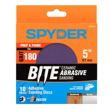 Spyder 5-Inch x No Hole 180 Grit Ceramic Pressure Sensitive Adhesive with Stearate Sanding Discs, 10PK 500056