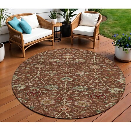 Homeroots 8' Brown Tan And Red Round Floral Washable Indoor Outdoor Area Rug 603433