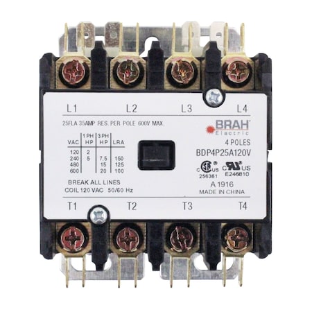 Brah Electric Definite Purpose Contactor, 120 V, 4 P, Non-Reversing, 3 Phase, Screw BDP4P25A120V