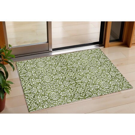 Homeroots 3' X 5' Olive Green And Ivory Damask Washable Indoor Outdoor Area Rug 595175