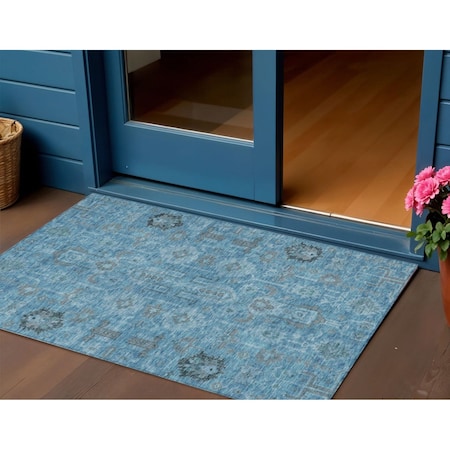 Homeroots 3' X 5' Sky Blue And Gray Oriental Washable Indoor Outdoor Area Rug 582062