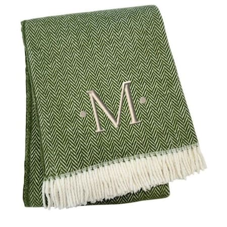 Homeroots 55" X 70" Moss Green White Herringbone Cotton Blend M Initial Throw Blanket with Tassels Embroidery 680591