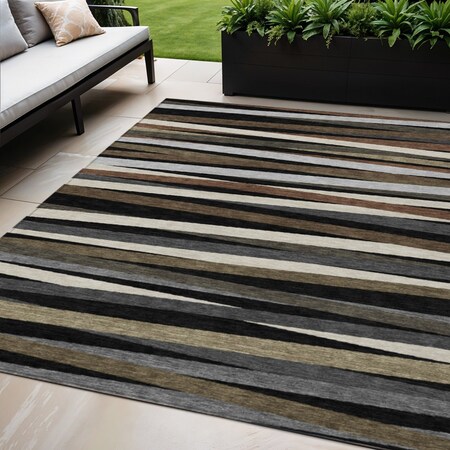 Homeroots 5' X 8' Black Brown And Ivory Striped Washable Indoor Outdoor Area Rug 597302