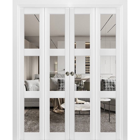 Sartodoors Sliding Closet Double Bi-fold Doors, Lucia 2555 White Silk with Clear Glass, Sturdy Tracks Molding LUCIA2555DBF-WS-72 x 84 (4* 18x84)