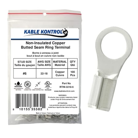 Kable Kontrol Non Insulated Copper Butted Seam Ring Terminal, 22-18 AWG, Stud Size # 6, 100 Pcs, 100PK RTNI-2218-6