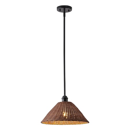 Jonathan Y Hattie 15 in. 1-Light Coastal Bohemian Metal and Woven Rattan LED Pendant Light, Black/Dark Brown JYL5713B