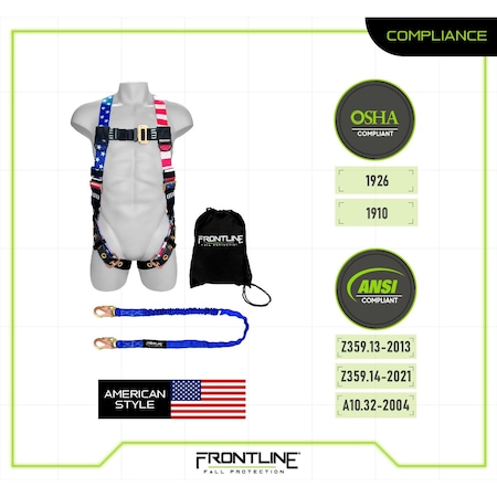 Frontline Combat American Style Compliance Kit - Harness, 6' Single Leg Lanyard and Drawstring Bag K100-61S-AM