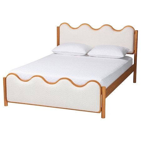 Baxton Studio Lilia Mid-Century Modern Scalloped Cream Boucle and Oak Brown Wood Queen Platform Bed 254-13899-ZORO