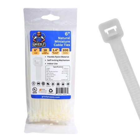 Grizzly Supply Cable Tie, 6 in L, 18 lb Strength, 1.4 in Max Bundle Dia, Nylon 6/6, Natural, 100PK   GS-M6-18-9C
