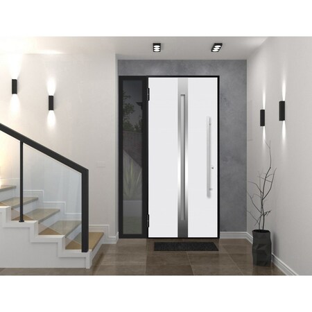 Vdomdoors Steel Door Deux 1744 Natural Oak Sidelight Exterior Black Window Stainless Inserts Single Modern Pa DEUX1744EXD-OAKB-W36+14xH80-RH-O