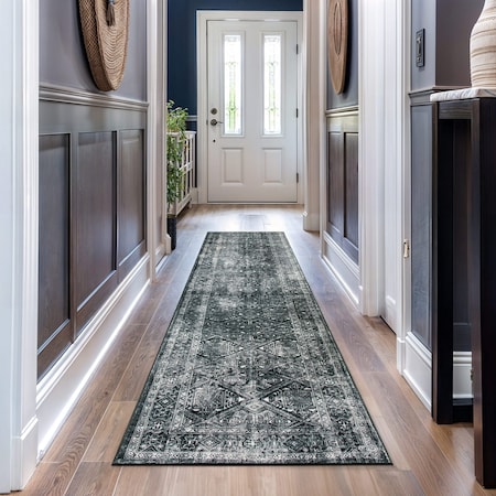 World Rug Gallery Transitional Bohemian Distressed Washable Non Slip Runner Rug 2 ft x 10 ft Black WR70BLACK2X10