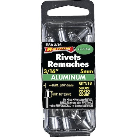 Arrow Fastener Blind Rivet, 3/16 in Dia., 1/8 in L, Aluminum Body RSA3/16