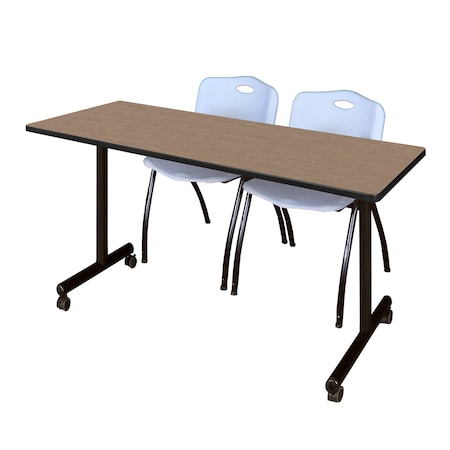 Regency Kobe Mobile T-Base Training Table W/ 2 M Stack Chairs, 66 in W, 24 in L, Noble Oak MKTRCC6624NO47GY