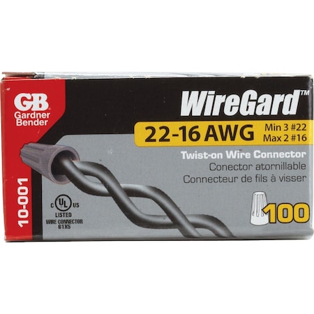 Gardner Bender WingGard Miniature Gray 22 AWG to 16 AWG Wire Connector, 100PK 10-001