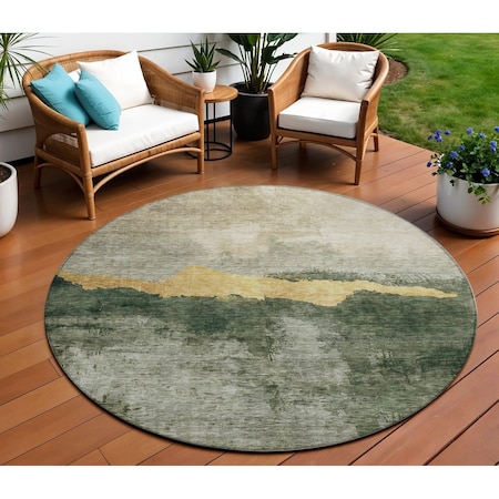 Homeroots 8' Fern Green Gold And Gray Round Abstract Washable Indoor Outdoor Area Rug 603007