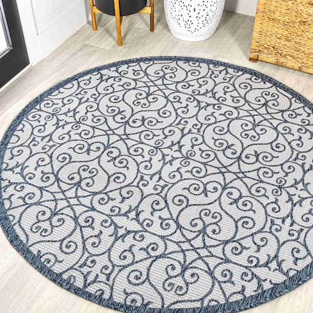 Jonathan Y Madrid Vintage Filigree Textured Weave Blue/Cream 5 ft Round Indoor/Outdoor Area Rug SMB107F-5R