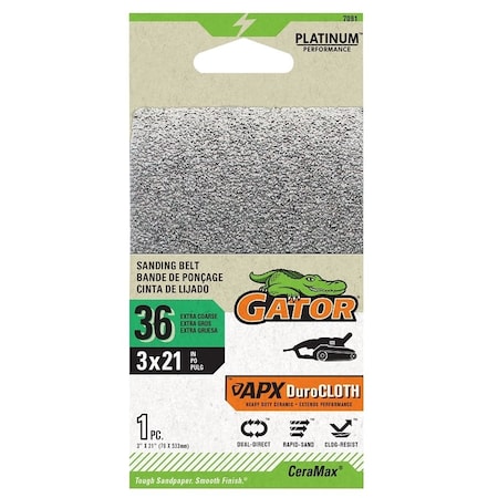 Gator Portable Sander Belt, 3 in W, 21 in L, 36 Grit, Ceramic Abrasive 7091