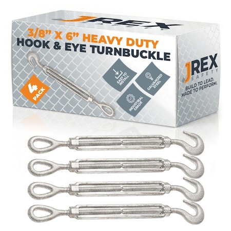 Jrex Safety Galvanized Steel Hook and Eye Turnbuckle - 3/8" x 6", 4PK GTB38-JR-HE-4PK