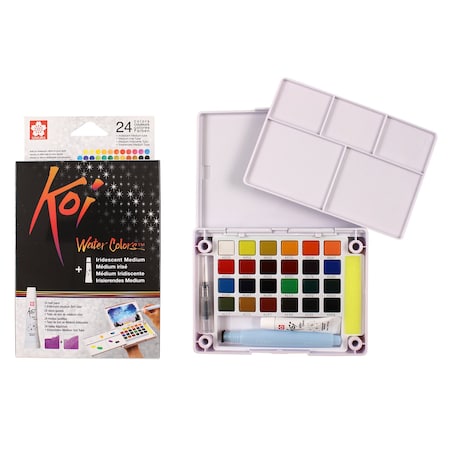 Sakura Koi Watercolor Field Sketch Box with Brush, 24-Color Set & 5mL Iridescent Medium XNCW-24N5L-700