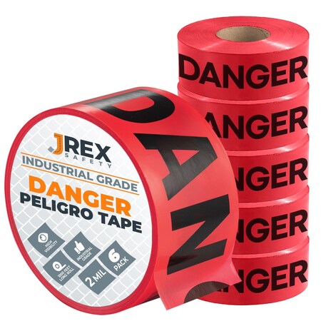 Jrex Safety Danger/Peligro Tape Roll - 1000 Ft x 3 Inch Wide Each - Red, 6PK PDPT-JR-6PK