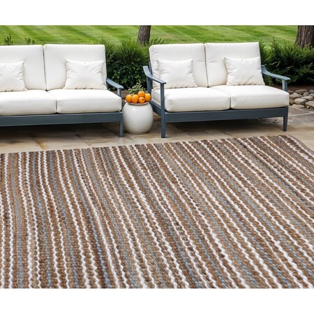 Homeroots 8' X 10' Brown and White Striped Handmade Indoor Outdoor Area Rug 557143