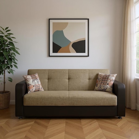 Homeroots 90" Brown Chenille And Faux Leather Convertible Futon Sleeper Sofa And Toss Pillows With Storage 607178